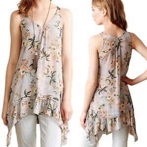 Anthropologie Maeve Magda Sheer Ruffled Tunic Top V Neck Sleeveless Blue Floral